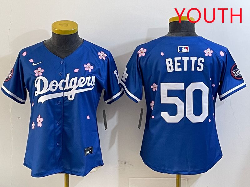 Youth Los Angeles Dodgers #50 Betts Blue Sakura Edition 2025 Nike MLB Jersey style 1